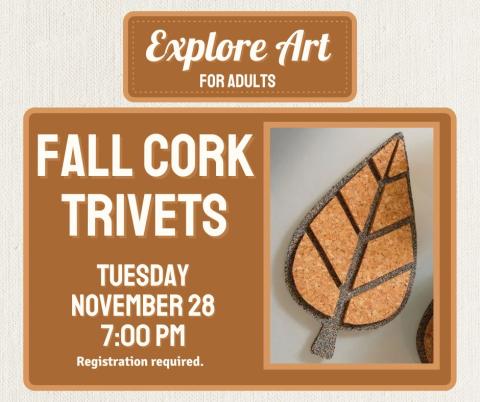 A social media post for Explore Art for Adults. It shows a picture of a leaf-shaped cork trivet.