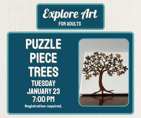 A social media post for Explore Arts for Adults, displaying an image of the puzzle piece tree.