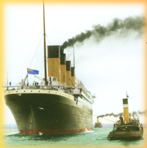 Titanic ship and small boat on water