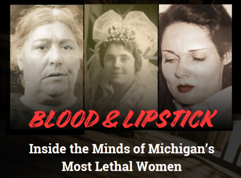 "Blood and lipstick" in red writing over three women's sepia headshots