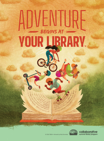 Adventure Begins at Your Library poster with kids riding bikes and scooters through a book.