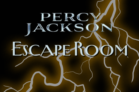 Percy Jackson Escape Room with black background and lightning