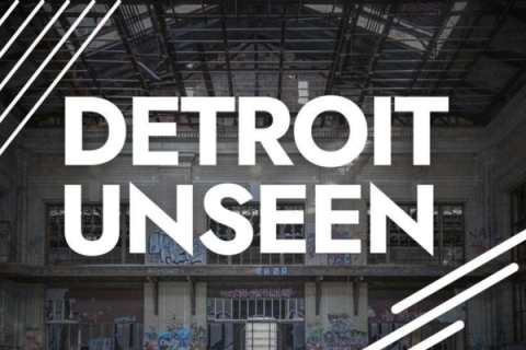 Detroit unseen logo with a dilapidated background.