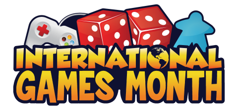 Text reads: International Games Month. Image shows video game controller and dice