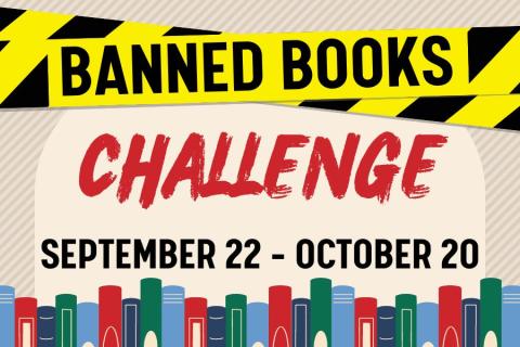 A pair of strips of caution tape that says "Banned Books" above a red-lettered "Challenge."