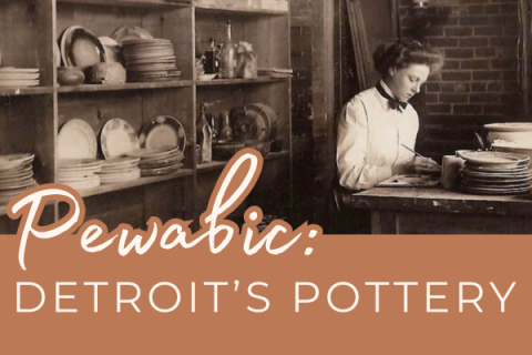 A graphic containing a sepia tone photo of a woman potter working at a worktable.