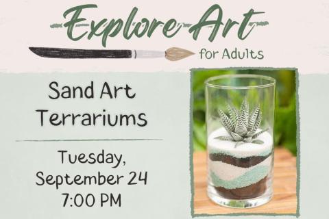 A social media post for Explore Art for Adults. It shows a picture of a succulent in a glass jar with decorative sand..