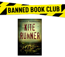 The Kite Runner cover and Banned Book Club logo