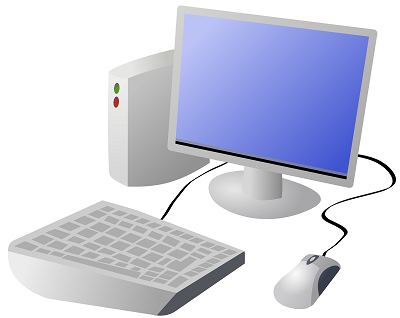 A cartoon rendering of a computer, monitor, mouse, and keyboard.