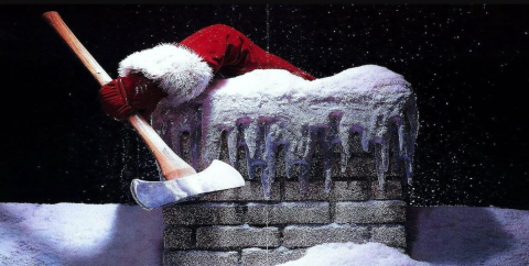 Santa coming through the chimney with an axe