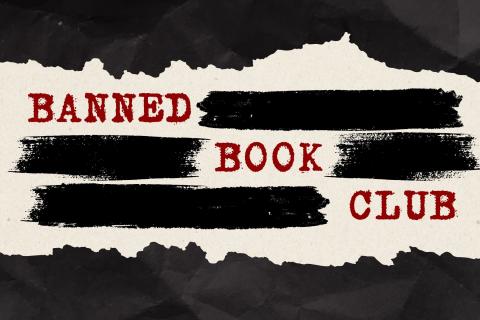 The phrase "Banned Book Club" in red print on a white and black paper background.