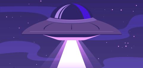 A graphic of a purple UFO against a dark purple starry sky.