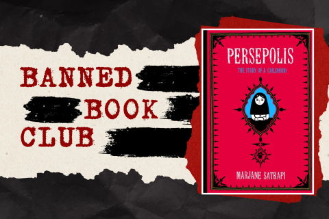 A book on a black and white back drop, with the words "Banned Book Club" written in red type.