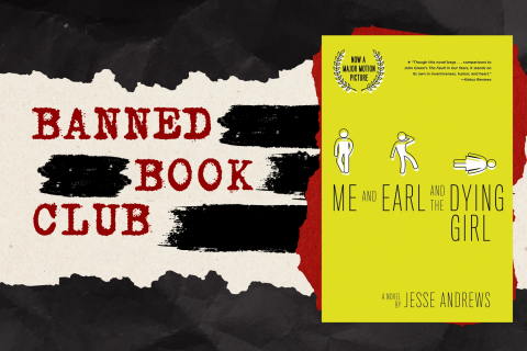 A book on a black and white back drop, with the words "Banned Book Club" written in red type.