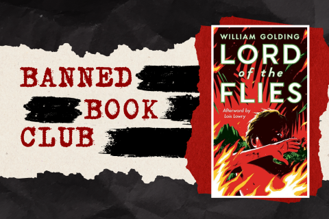 A book on a black and white back drop, with the words "Banned Book Club" written in red type.