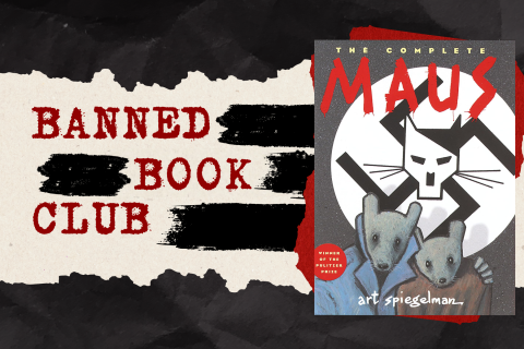 A book on a black and white back drop, with the words "Banned Book Club" written in red type.