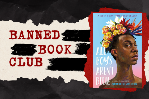 A book on a black and white background, with the words "Banned Book Club" in red typeface. 