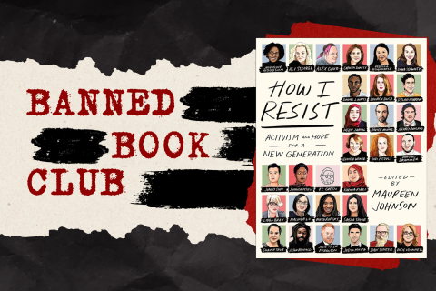 A book on a black and white back drop, with the words "Banned Book Club" written in red type.