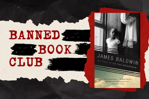 A book on a black and white background, with the words "Banned Book Club" in red typeface. 