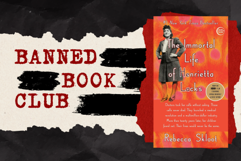 A book on a black and white back drop, with the words "Banned Book Club" written in red type.