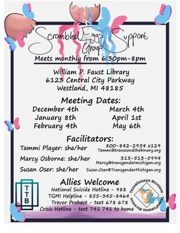 A flier for the Scrambled Eggs support group that includes meeting times, dates, and location. 