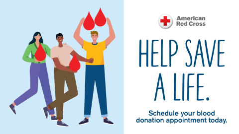 An American Red Cross graphic with three people holding drops of blood.