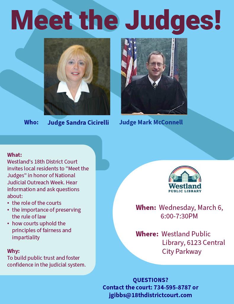 A flyer from the 18th Judicial court titled "Meet the Judges." Photographs of Judge Cicirell and Judge McCollum sit above the program information.