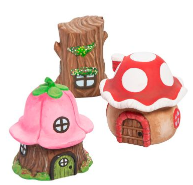 3 different painted fairy houses 