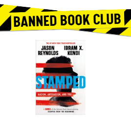 Stamped book cover and Banned Book Club logo