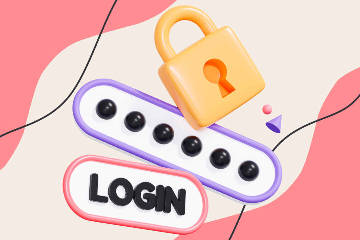 An image of a padlock with the words "login" and "password" on a beige and pink background.